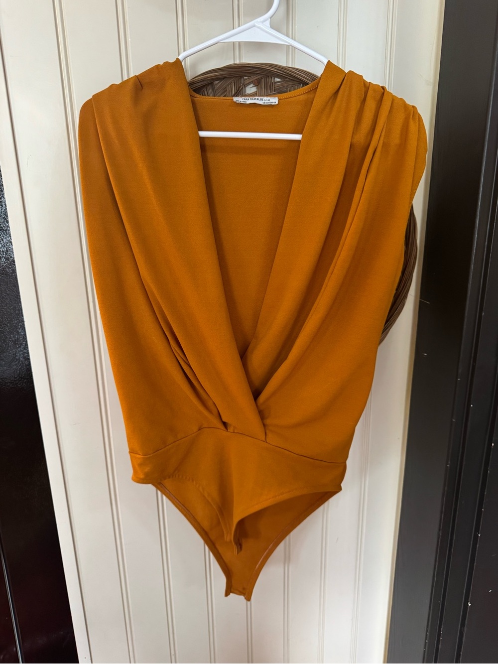 Womens Draped One-Piece Bodysuit in Mustard